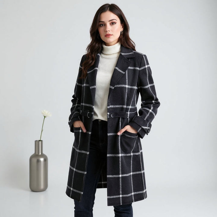 Cappotto in Tweed a Quadri con Risvolto Retro per Donna